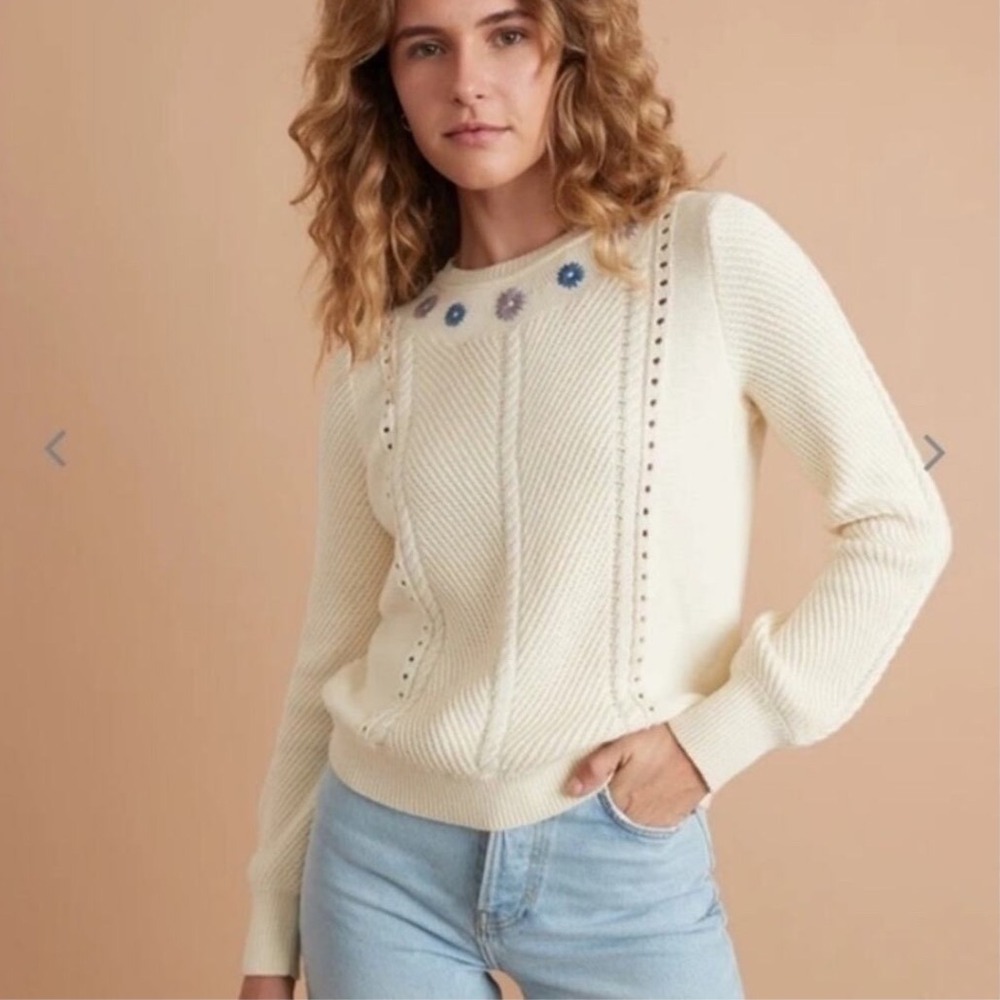 Marine Layer Women Cream Embroidered Floral Cable Knit Sweater Size M